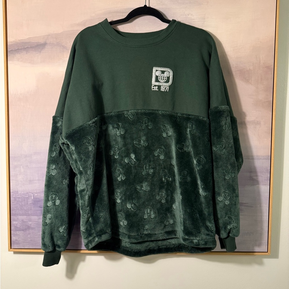 Disney World Spirit Jersey Mickey Dark Green Silver Crewneck Fleece Sweatshirt